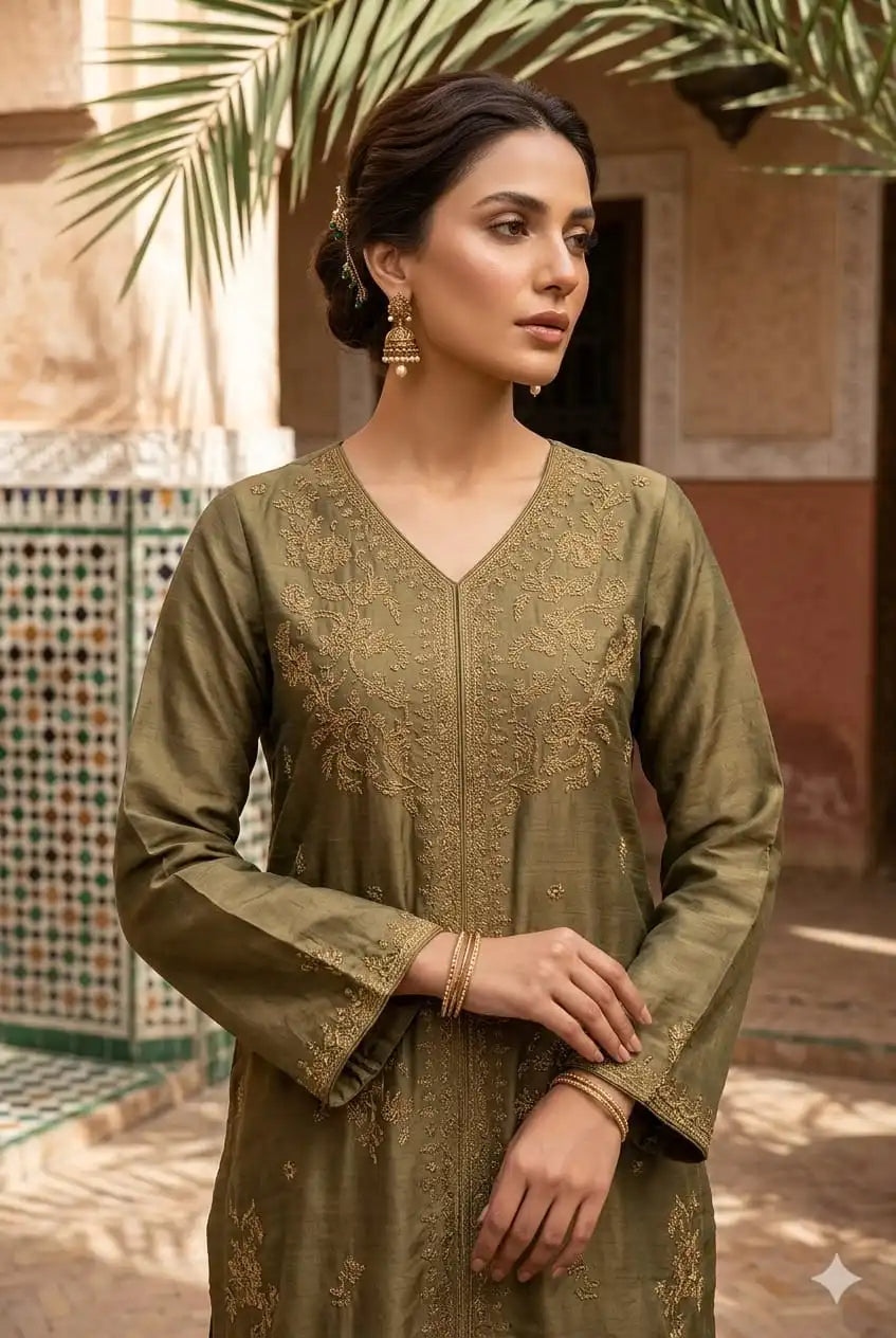 Olive Glamour – Highlights the rich, earthy olive-green tone of the fabric.