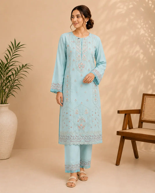 2 Piece Embroidered Lawn Suit – Sky Blue | Premium Winter Collection