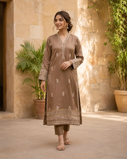 Mocha Elegance Embroidered 2 Piece Lawn Suit