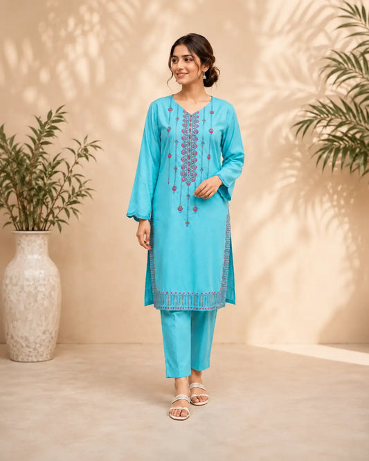 Sky Bloom Embroidered 2 Piece Suit