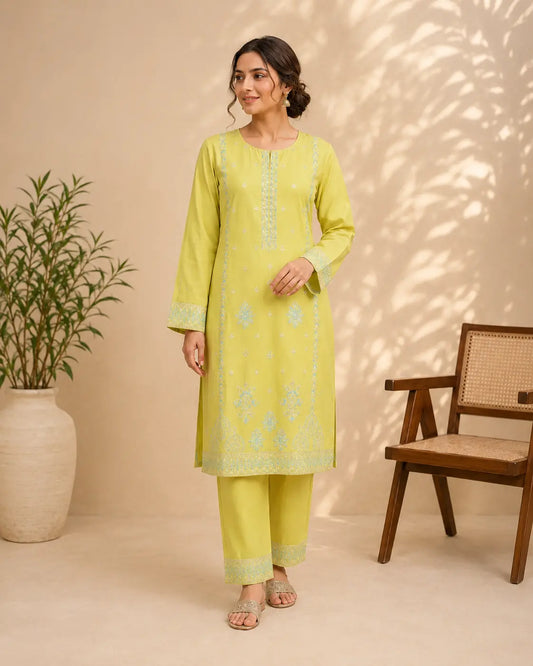 Lime Glow Embroidered 2 Piece Suit