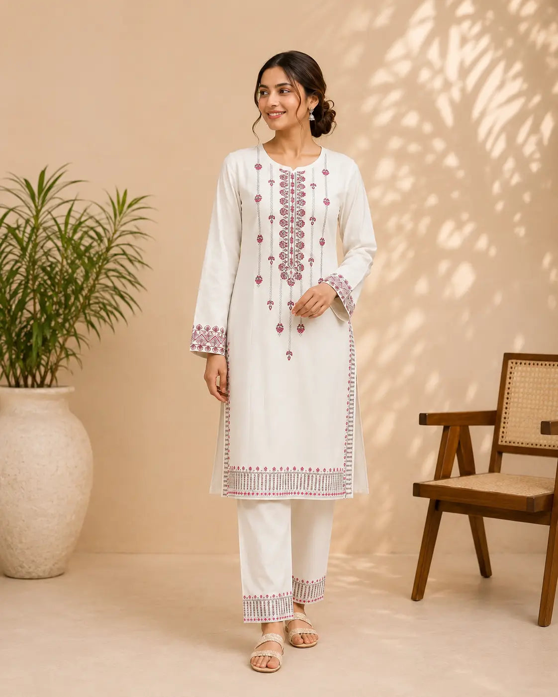 Ivory Bloom Embroidered 2 Piece Suit