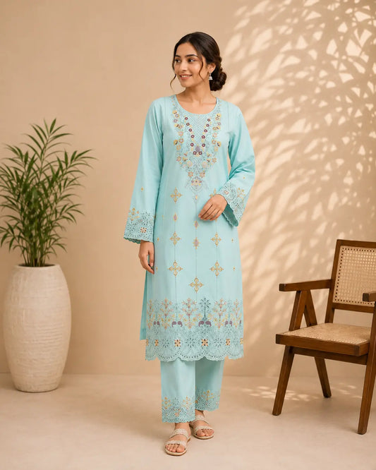 Sky Elegance Embroidered 2 Piece Suit