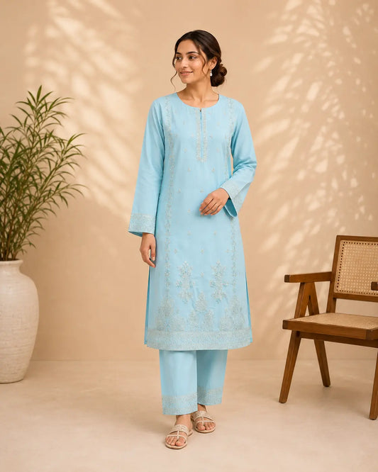 Powder Blue Luxe Embroidered 2 Piece Suit