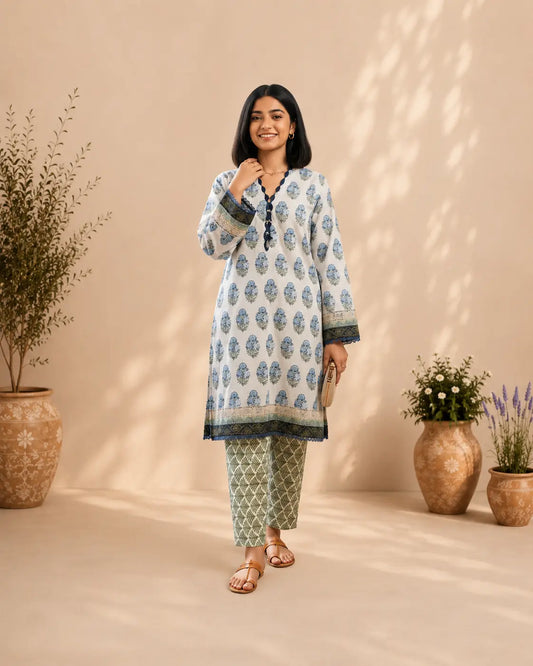 Blue Blossom Printed 2 Piece Suit